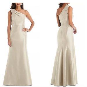 Alfred Sung Bow Trim One Shoulder Satin Gown Size 8R